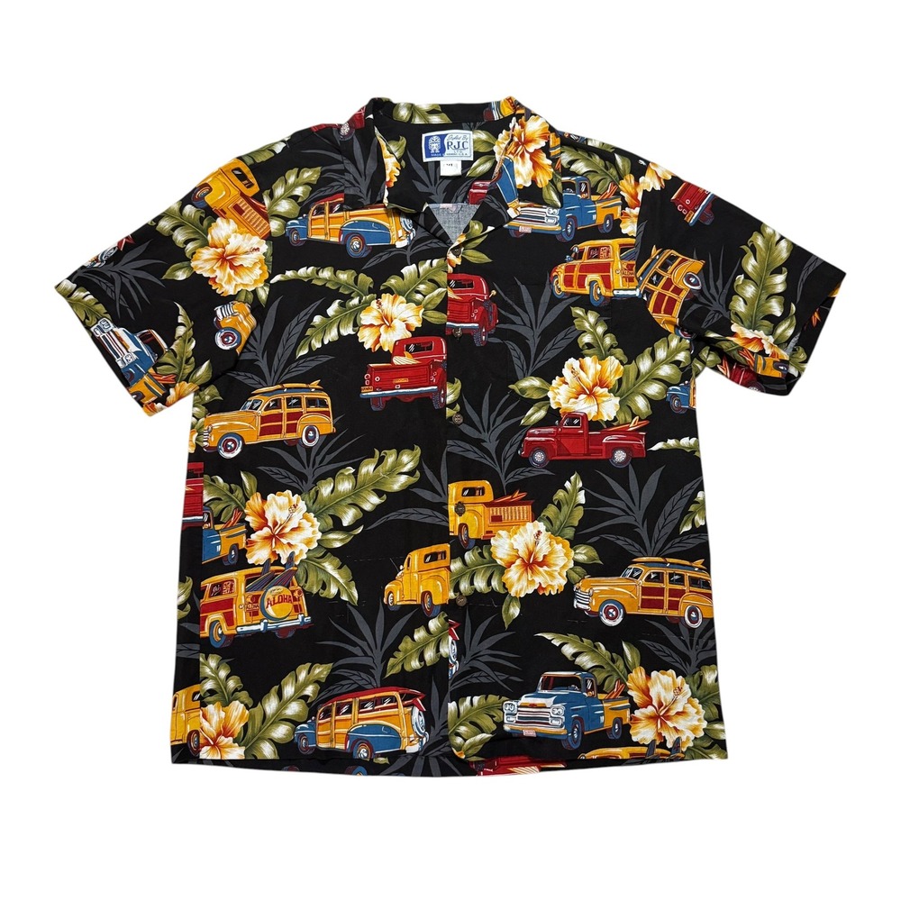 RJC Hawaiian Shirt Mens XL Black Vintage Woody Surf Truck Tropical Hibiscus Made